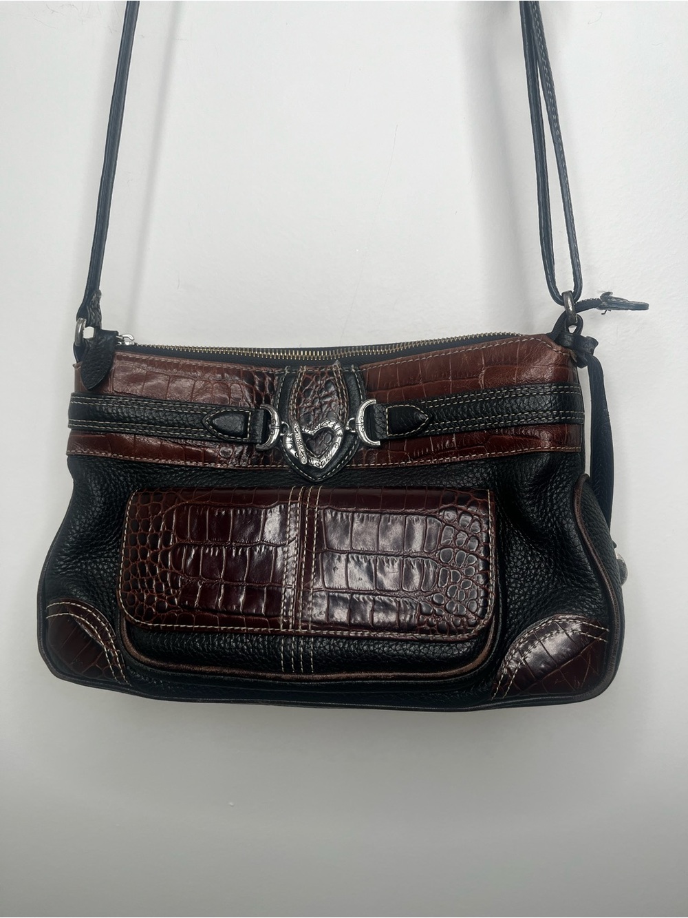 Vtg Brighton Beatrice Black Brown Leather Crossbody Bag Organizer Croc Texture